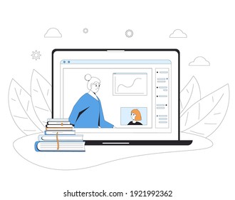 Educación en línea. Aprendizaje digital en pantalla de computadora. Seminario web o formación en video en línea, curso. Ilustración plana de la línea de color del vector.