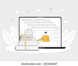 Online education. Digital learning on computer screen. Internet webinar or online video training, course. Vector color line art flat illustration.
