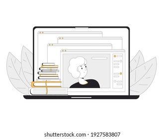 Educación en línea. Aprendizaje digital en pantalla de computadora. Seminario web o formación en video en línea, curso. Ilustración plana de la línea de color del vector.