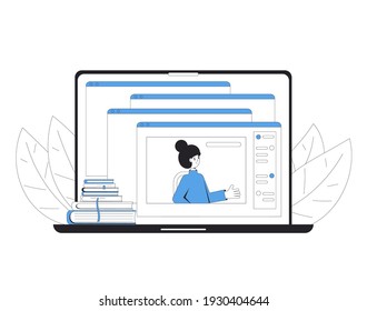 Online education. Digital learning on computer screen. Internet webinar or online video training, course. Vector color line art flat illustration.