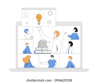 Online education. Digital learning. People talking to each other on computer screen. Teacher and students. Internet webinar or online video training. Vector color line art flat illustration.