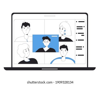 Online education. Digital learning. People talking to each other on computer screen. Teacher and students. Internet webinar or online video training. Vector line art flat illustration.