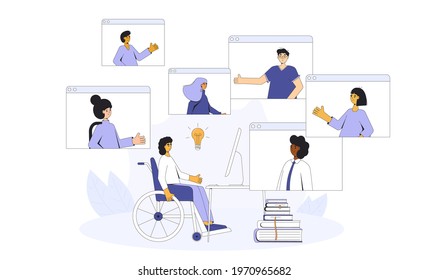 Online education. Digital learning. People talking to each about science. Teacher and students. Internet webinar or online video training. Seminar. Vector  illustration.