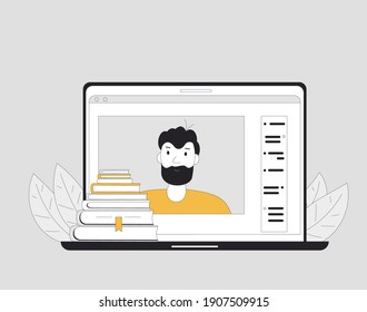 Online education. Digital learning. Teacher gives a lecture on computer screen. Internet webinar or online video training. Vector color line art flat illustration.