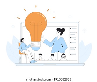 Online education. Digital learning. Teacher gives a lecture on computer screen. Internet webinar or online video training. Vector color line art flat illustration.