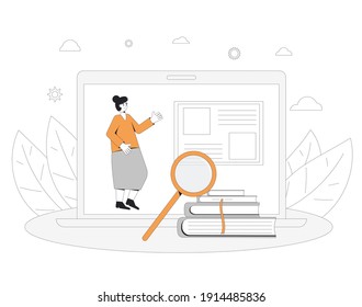 Online education. Digital learning. Teacher gives a lecture on computer screen. Internet webinar or online video training. Vector color line art flat illustration.