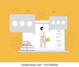 Educación en línea. Aprendizaje digital. El profesor da un seminario web o formación en video en línea. Ilustración plana de la línea de color del vector.