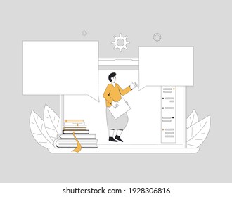 Online education. Digital learning. Teacher gives webinar or online video training. Vector color line art flat illustration.
