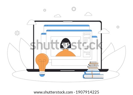 Online education. Digital learning. Young female teacher gives a lecture on computer screen. Internet webinar or online video training. Vector color line art flat illustration.