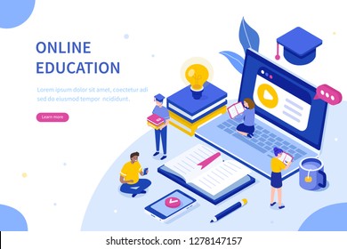 
Concepto de educación en línea y biblioteca digital. Se puede usar para banner web, infografías, imágenes de héroes.  Ilustración vectorial isométrica plana aislada en fondo blanco.