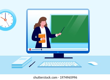 Online education with digital platform. Online teacher on computer monitor. Webinar and video seminar learning vector concept.