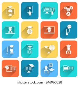 Online education digital research distance learning icons flat set isolated vector illustration