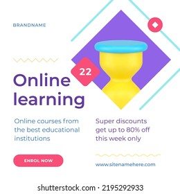 Online education digital university courses sale discount special offer join registration social media post 3d icon vector illustration. Internet college school webinar lecture knowledge e learning