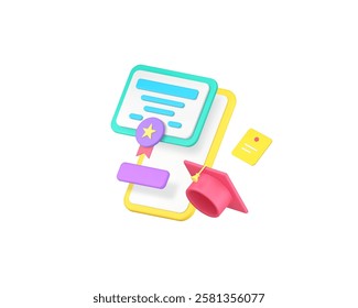 Online education diploma graduation digital school college university 3d icon realistic vector illustration. E learning remotely class lesson distant studying certificate knowledge technology