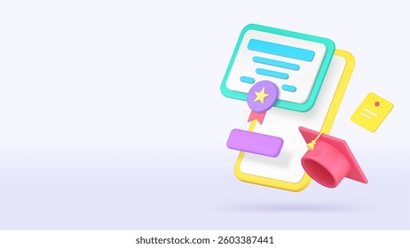 Online education diploma graduation digital school college university banner copy space vector illustration. E learning remotely class lesson distant studying certificate knowledge technology