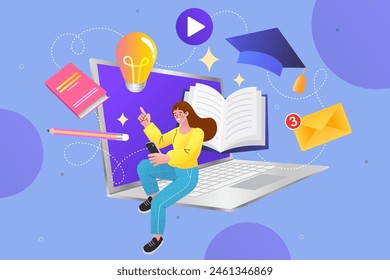 Online education. Distance educational process. Remote learning, online classes, exam form, modern student life, educational process. graduating hat and laptop. success in studying vector illustration