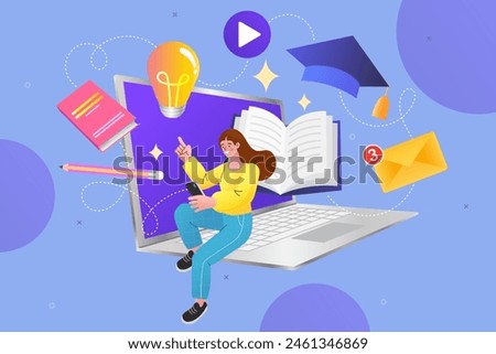 Online education. Distance educational process. Remote learning, online classes, exam form, modern student life, educational process. graduating hat and laptop. success in studying vector illustration