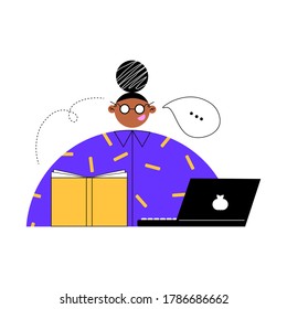 Online education. Distance education, e-learning during a pandemic. Flat vector funny girl student reading a book and studying at home using a laptop. Nice vector bright illustration in cartoon style.