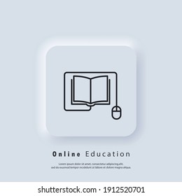 Banner de educación en línea o examen a distancia. Educación a distancia, icono de libros electrónicos. Curso e-learning desde casa, estudio en línea. Vector. icono de la interfaz de usuario. Botón web de interfaz de usuario blanco UX de interfaz de usuario neumórfica. Neumorfismo