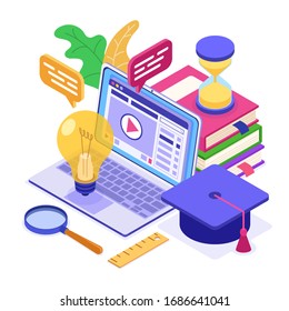 Online education or distance exam internet course e-learning from home online studying on laptop with book library light bulb hourglass isometric education concept isolated vector illustration