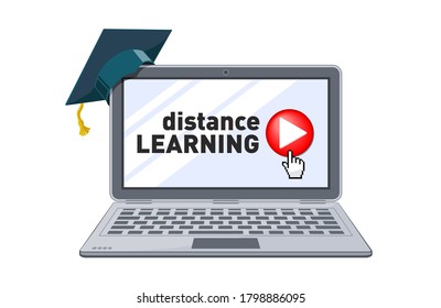 Online education or distance exam. Internet course e-learning from home online studying on laptop. Concept on transparent background. Illustration, vector 