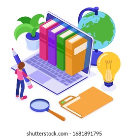 Online education or distance exam with isometric character internet course e-learning from home boy online studying on laptop with book library isometric education concept isolated vector illustration