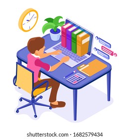 Online education or distance exam with isometric character internet course e-learning from home boy online studying on laptop with book library isometric education concept isolated vector illustration