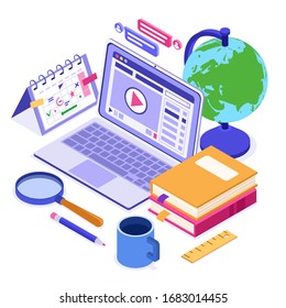 Online education or distance exam with isometric character internet course e-learning from home online studying on laptop with book library isometric education concept isolated vector illustration