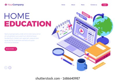 Online education or distance exam with isometric character internet course e-learning from home online studying on laptop with book isometric education landing page isolated vector illustration