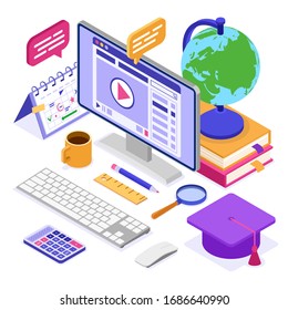 Online education or distance exam with isometric icons internet course e-learning from home online studying on computer with book globe isometric education concept isolated vector illustration