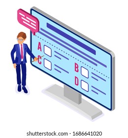 Online education or distance exam with isometric character teacher internet course e-learning from home studying and test on computer with teacher isometric education isolated vector illustration
