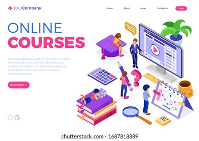 Online education or distance exam with isometric character internet course e-learning from home girl and boy studying on laptop computer with teacher isometric education isolated vector illustration