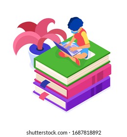 Online education or distance exam with isometric character internet course from home girl in mask pandemic quarantine protection covid-19 online studying with books and laptop isolated vector