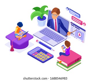 Online education or distance exam with isometric character internet course e-learning from home girl and boy studying on tablet laptop with teacher isometric education isolated vector illustration