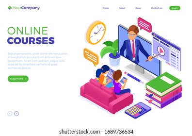 Online education or distance exam with isometric character internet course e-learning from home girl and boy studying on tablet laptop on sofa with teacher landing page template isolated vector