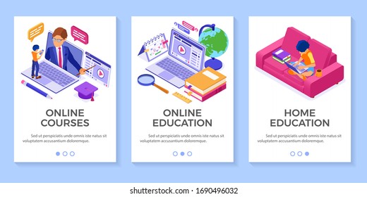 Online education or distance exam with isometric character internet course e-learning from home man and girl studying on tablet laptop with teacher on sofa isometric education vector illustration