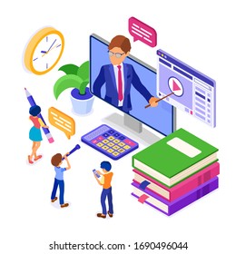 Online education or distance exam with isometric character internet course e-learning from home girl and boy studying on tablet computer with teacher isometric education isolated vector illustration