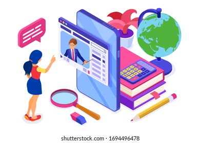 Online education or distance exam with isometric character internet course e-learning from home girl studying on smartphone with teacher isometric education isolated vector illustration