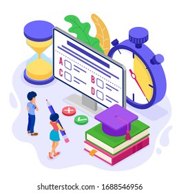 Online education or distance exam test with isometric character internet course e-learning from home girl and boy examing and test on computer with stopwatch isometric education vector illustration