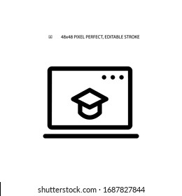 Online education, distance education, laptop with bachelor hat simple line icon vector illustration. Editable stroke. 48x48 Pixel Perfect.