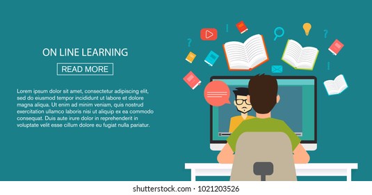 Online education, distance learning banner. Man sitting behind his desk studying. Flat modern illustration concepts