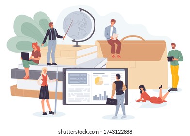Online education, distance learning, business video tutorial, media training courses, consulting interface. Tiny people, book stack, briefcase, tablet pc, earth globe. E-book, e-learning mobile app