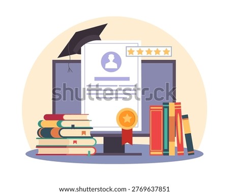 Online education. Distance learning, certification courses, getting virtual diploma, modern training, student profile, knowledge achievement, course advertising vector cartoon flat isolated concept
