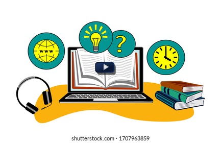 Online education and distance learning concept, laptop as a open book with play button and icons.