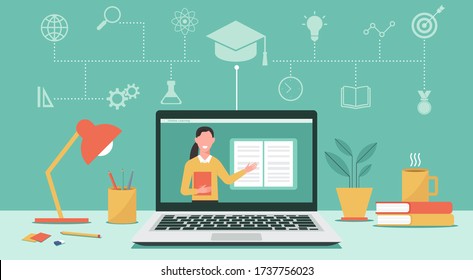 Online education or distance learning concept, teacher on laptop computer monitor, E-learning platform, flat vector illustration
