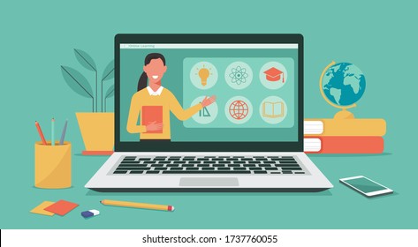 Online education or distance learning concept, teacher on computer laptop monitor, E-learning platform, flat vector illustration