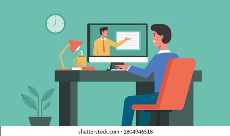 online education and distance learning concept, man using computer at home video conferencing to male teacher, flat vector illustration