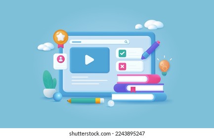 Online education and distance learning concept. Online video training at home. 3d vector EPS10.