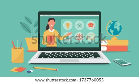 Online education or distance learning concept, teacher on computer laptop monitor, E-learning platform, flat vector illustration