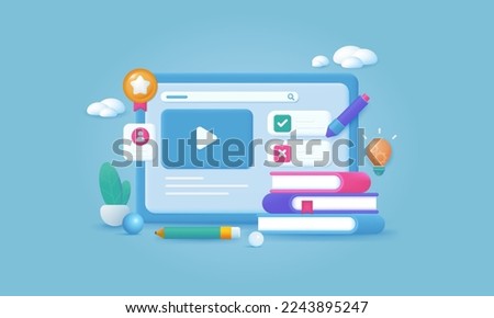 Online education and distance learning concept. Online video training at home. 3d vector EPS10.